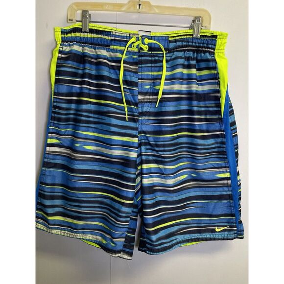 Nike Swim Trunks Board Shorts Mens L Blue‎ Lime Green Accents Swoosh Brief Lined - Picture 1 of 7
